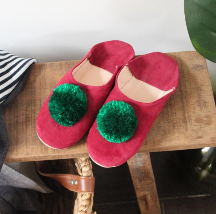 Moroccan Slippers - Red - Dark Green Pom Poms