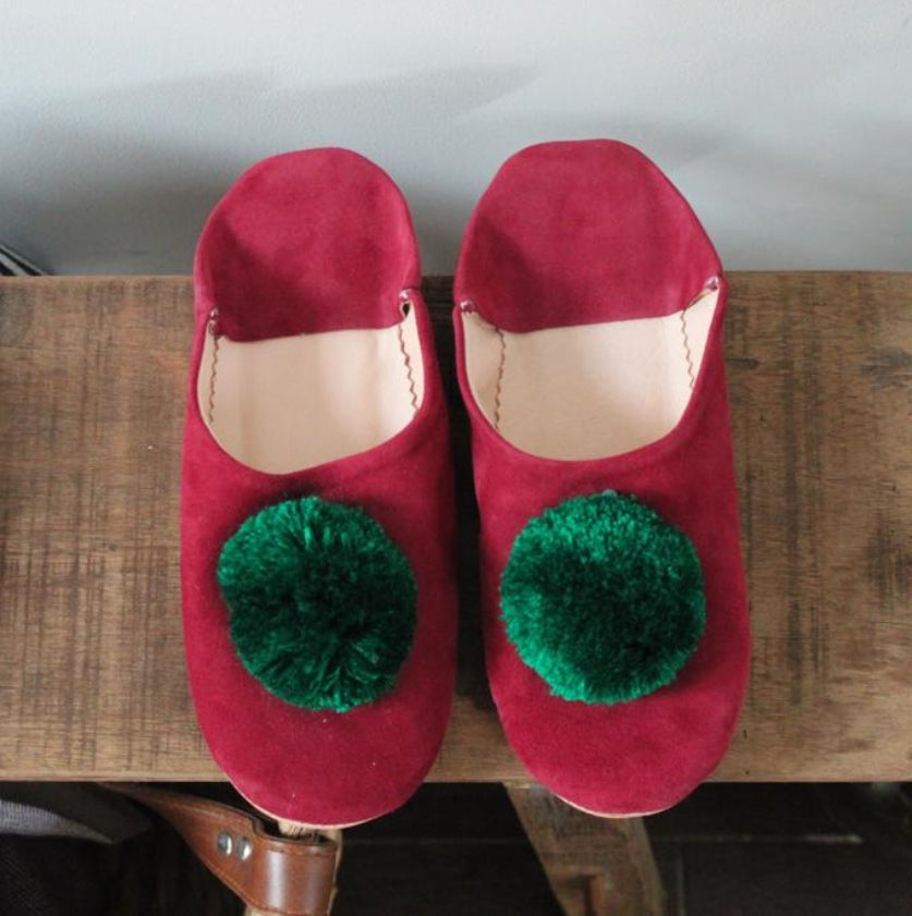 Moroccan Slippers - Red - Dark Green Pom Poms