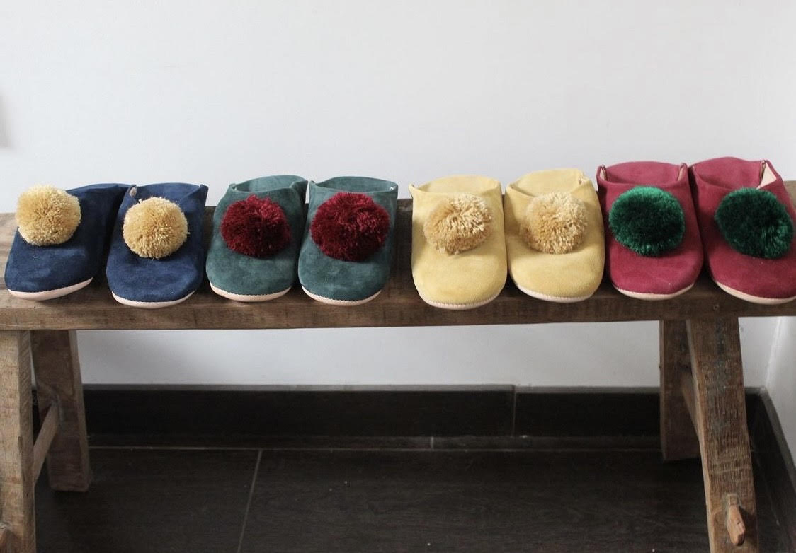 Moroccan Slippers - Red - Dark Green Pom Poms
