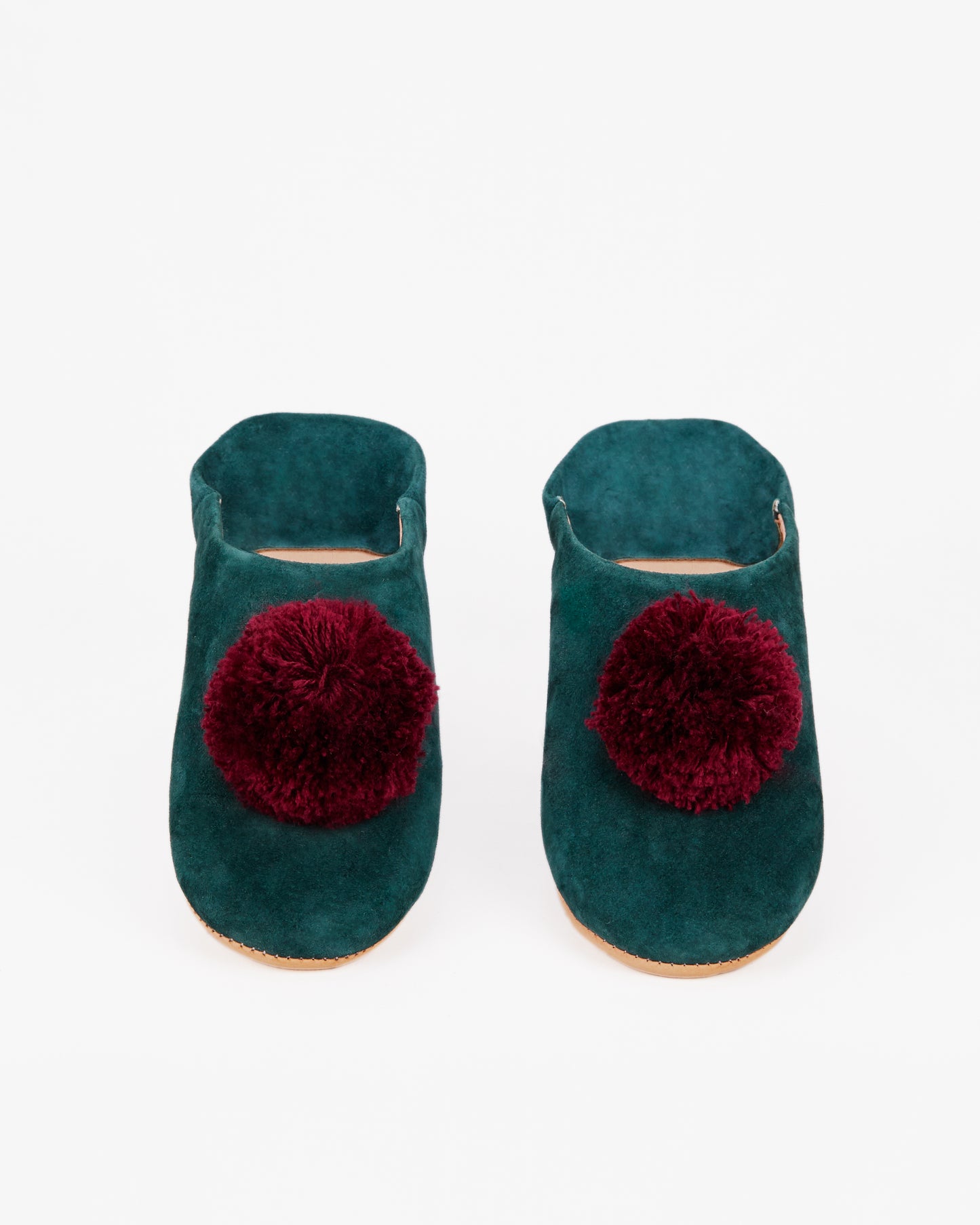 Moroccan Slippers, Teal/Red Pom Poms