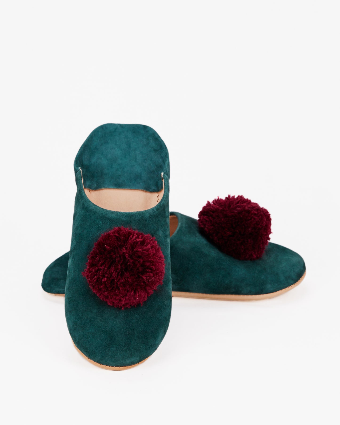 Moroccan Slippers, Teal/Red Pom Poms